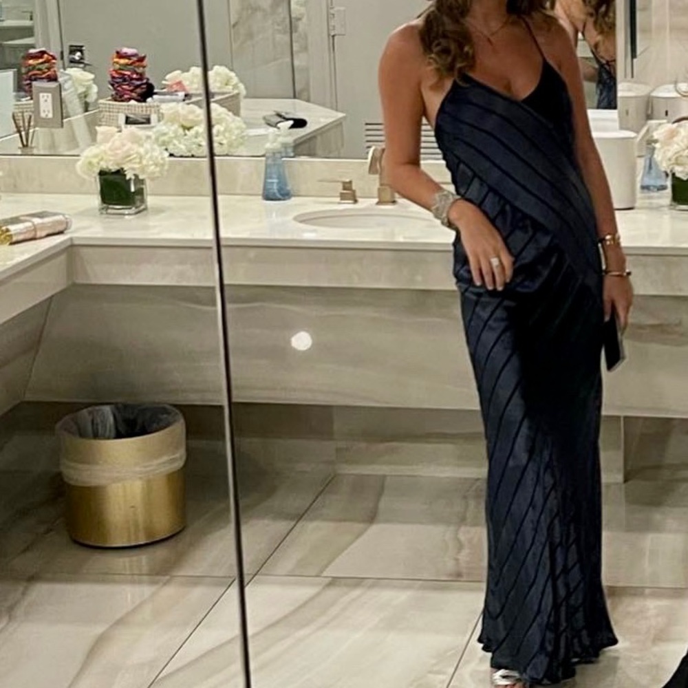 NWOT Michelle Mason Navy Velvet Stripe Gown
